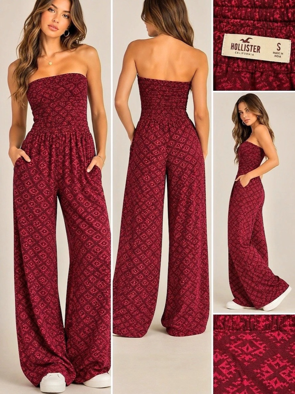 Hollister Women'Small Strapless Wide Leg Jumpsuit in Red Size Small